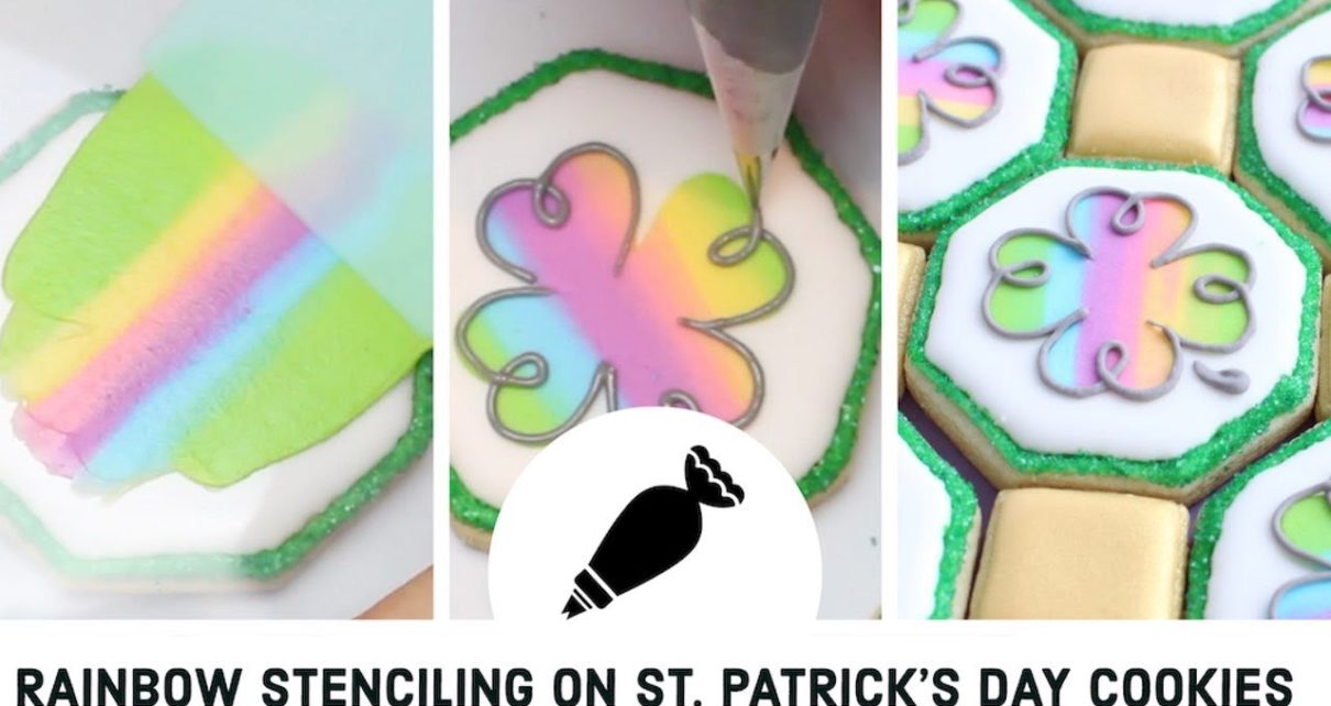 yt 98575 Rainbow stencilling with royal icing on Saint Patricks Day cookies Royal Icing cookies 1210x642 - Rainbow stencilling with royal icing on Saint-Patrick's Day cookies - Royal Icing cookies